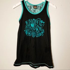 Harley-Davidson Black Tank Top Blue Lace Accent